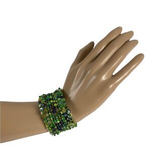 Bohemian glass bead hand woven green flex bracelet one size
